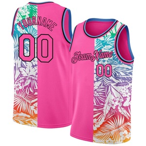 Camiseta de Baloncesto Personalizada con Hojas de Palma Tropicales Hawaianas en Rosa y Negro, Auténtica, Premium, Sublimada, de Malla, sin Mangas, Deportiva - Product Image 1