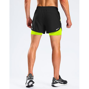 Men's <b>Black</b> Neon Green Color Blocked Breathable Quick Dry 100% Cotton Sport Shorts with Elastic Waist Side Pockets Mid Length - Product Image 2