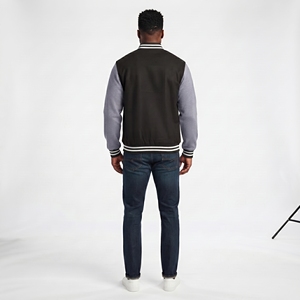 Custom <b>Black</b> and Grey <b>Fleece</b> Varsity <b>Jacket</b> KVJ121 Embroidered Chenille Patches Collarless Design for <b>Men</b> and Women - Product Image 5