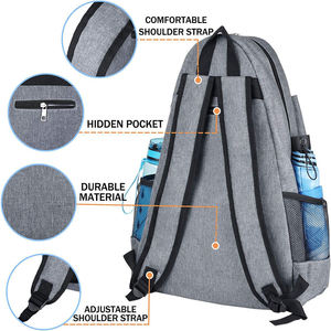 Premium Water Resistant Tennis Backpack Stylish Grey <b>Racket</b> Carrier with Padded Shoulder Straps - Product Image 2