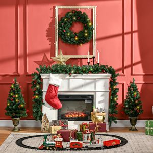 Set Natalizio Preilluminato 4 Pezzi con Luci LED Bianco Caldo, 2 Alberi Decorati con Bacche Rosse, Ghirlanda di Pino e Corona - Product Image 2