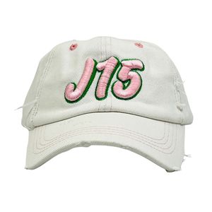 White Distressed Denim Baseball <b>Cap</b> with Pink J15 Embroidered Letter Design Adjustable Vintage Cotton Casual Outdoor Unisex <b>Hat</b> - Product Image 1