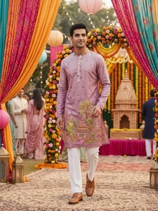 AARIKA TEXTILE Luxury Pure Silk Quick Dry <b>Kurta</b> Set Heavy Crochet Sequence Work Digital Print Traditional Festive Wedding <b>Mens</b> - Product Image 5