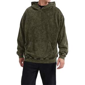 Sudadera con capucha para hombre, color verde oliva oscuro, con lavado ácido, de algodón grueso y forro polar, estilo urbano, oversize, personalizable, lisa - Product Image 3