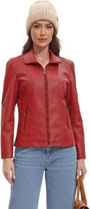 Chaqueta de Moto para Mujer, Personalizable, de Cuero PU Rojo, Tejida, para Exteriores, con Cierre de Cremallera, Cuello Camisero, Estilo Otoñal - Product Image 4