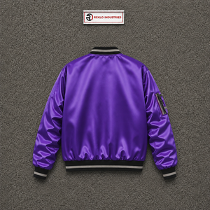 Chaqueta Varsity de Satén Morado Premium para Hombre y Mujer, Chaqueta Bomber Brillante Personalizada al por Mayor con Cuello Acanalado a Rayas Blancas y Negras - Product Image 6