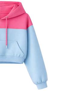 Ensemble crop top à capuche et short color block rose et bleu pour femme, avec poches, tenue décontractée deux pièces en molleton de coton, vente en gros fabricant - Product Image 3