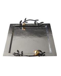 Black Nickel <b>Square</b> Serving Tray Gold Pomegranate Leaf Handles Textured Base Decorative Home Dinner Table Centerpiece Gift - Product Image 1