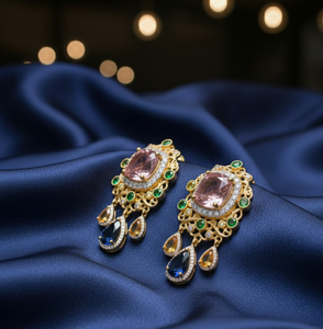 Pendientes de Plata de Ley 925 con Incrustaciones de Piedras Multicolores en Corte Cojín Rosa, Chapados en Oro de 18K, Pendientes de Diseño para Mujer - Product Image 4