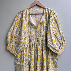 Robe décontractée pour femme, col en V, mi-longue, tissée, 100% coton, unie/à imprimé floral, doublure en coton, manches courtes, taille empire, style babydoll - Product Image 2