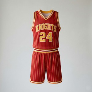 Ensemble de maillots de basket rétro personnalisés pour hommes, rouge et or à rayures fines, uniforme d'équipe vintage à col en V, short en mesh respirant - Product Image 5