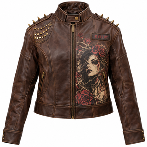 Distressed Brown Leather <b>Jacket</b> <b>Womens</b> Gothic Rose Girl Print Spiked Stud Collar Zip Biker Coat Custom Manufacturing Offer - Product Image 1