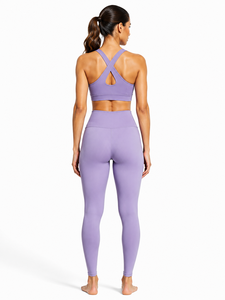 Purple <b>Plus</b> <b>Size</b> 2-Piece Yoga Set Racerback <b>Crop</b> Top High-Waist Full-Length <b>Leggings</b> Seamless Four-Way Stretch Solid Color Front - Product Image 3