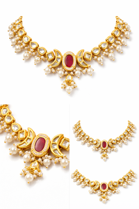 Conjunto de Joyería Nupcial Étnica Estilo Polki, Chapado en Oro, Latón con Circonita, Collar Decorativo, Aretes, para Bodas, Fiestas y Eventos Festivos - Product Image 3