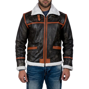 Veste en cuir véritable noir pour homme avec col en peau de mouton et surpiqûres orange, multi-poches, fermeture éclair intégrale, vêtement d'extérieur haut de gamme pour l'hiver - Product Image 4