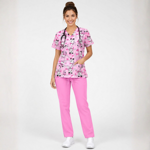 Women Printed Medical <b>Scrubs</b> Set Cute Pink Puppy Heart Print Nurse <b>Uniform</b> V Neck <b>Scrubs</b> Top and Pants Healthcare <b>Uniform</b> - Product Image 1