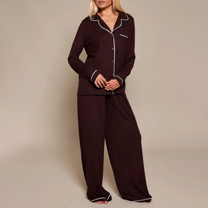 High Quality Women Classic Solid Color Long Sleeve Pajamas Set 2 Piece Soft Woven Button Fly Mid Rise Sleepwear Autumn Wear - Product Image 3