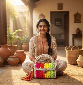 Bolso de Mano Trenzado Multicolor (Fluorescente) Hecho a Mano con Perlas, Bolso de Hombro Boho con Dos Correas, Tejido de Cordón de Algodón, Excelente Precio - Product Image 4