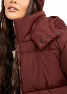 Burgundy Puffer <b>Jacket</b> Stand Collar Zipper Closure Casual Winter Windproof Thick Polyester Wadding Short Length Regular Fit - Product Image 5