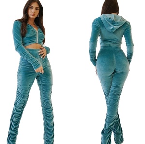 Women's Teal Velvet Hooded <b>Tracksuit</b> Full Length Zipper Front Skinny Fit Solid Color Autumn Wear - Product Image 3