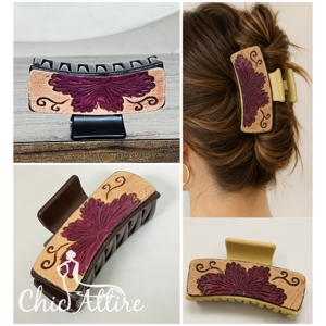 Pinces à cheveux en cuir floral artisanal de luxe, personnalisées professionnellement, en acétate, de haute qualité, accessoires pour cheveux pour femmes, cadeau - Product Image 1