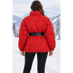 Chaqueta acolchada roja con cinturón para mujer, abrigo cálido de invierno, cuello alto con cremallera, ropa exterior informal a la moda - Product Image 1