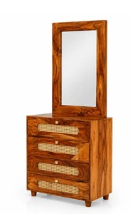 Mid-Century Modern Solid Wood Rattan <b>Dressing</b> Table | 4 Drawer Cane Webbing Vanity with Mirror | Wholesale Bedroom Furniture - Product Image 2