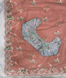 Sari de organza bordado de diseñador para mujer |   Sari de Fiesta con Bordado Floral y Blusa Bordada |   Sari indio premium - Product Image 5