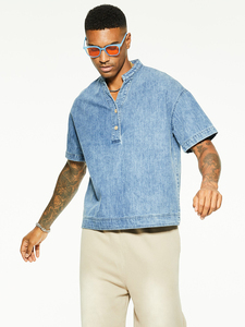 Camisa de mezclilla azul claro para hombre 2026, manga corta, corte regular, cuello vuelto, botones frontales, lavado a la piedra, estilo casual de verano - Product Image 6