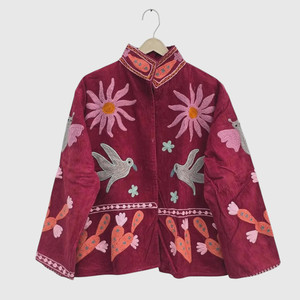 Veste à col mandarin brodée à la main avec motifs floraux, manches longues, taille plus, vêtements d'automne pour adultes, en coton corduroy - Product Image 3