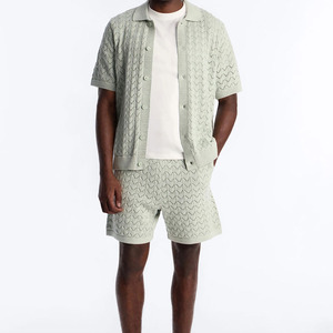2026 Summer Sage Green Crochet 2Piece <b>Set</b> Men's Casual Streetwear Outfits V-Neck Short Sleeve T-Shirt and <b>Knitted</b> Shorts <b>Sets</b> - Product Image 4