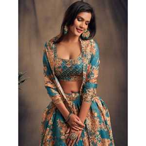 Vestidos de noche de organza con estampado floral azul verde azulado estilo festivo Lehenga Choli - Product Image 3