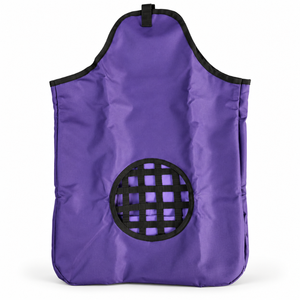 Sac à foin pour chevaux violet avec grille d'alimentation tissée et boucle de suspension |   Support à foin pour écurie équine avec garniture noire et corps en tissu - Product Image 1