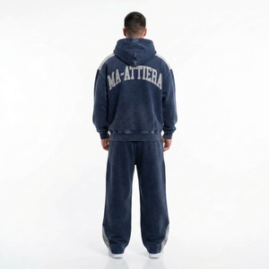 Conjunto de Sudadera con Capucha y Pantalones de Algodón para Hombre, Cierre Completo, Estilo Casual Holgado, Estampado de Letras, Color Azul, Estilo Otoñal - Product Image 4