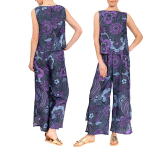 Conjunto de Salón para Mujer con Estampado Floral, Top sin Mangas, Pantalones de Pierna Ancha, Viscosa y Algodón, Cintura Elástica, Ropa Casual de Verano - Product Image 6