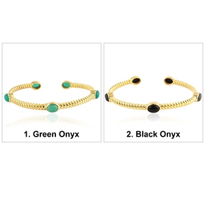 Modern cuff jewelry oval cabochon green onyx black onyx adjustable <b>bracelet</b> brass 18k gold plated twisted band stacking <b>bracelet</b> - Product Image 1