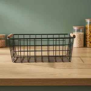 <b>Black</b> Metal <b>Wire</b> Storage <b>Basket</b> with Wooden Handles for Kitchen Fruits Vegetables Countertop Organizer Home Storage <b>Basket</b> - Product Image 3