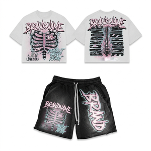 Women premium cotton graphic T shirt and fleece shorts set pink puff print custom logo streetwear 100% Cotton T shirt & Shorts - Product Image 1