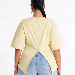 Manufacturer Custom Summer Women's Tee Solid Jersey Crew Neck Long Tail <b>Back</b> Zip Closure <b>Drop</b> Shoulder Short Sleeve TShirt - Product Image 5