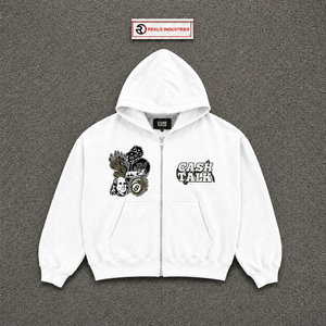 เสื้อฮู้ดซิปอัพสีขาวพรีเมียมพร้อมลายพิมพ์กราฟิก Cash Talk สไตล์ลำลองทรงปกติสำหรับใส่ในฤดูใบไม้ร่วง CASH TALK STREE - Product Image 5