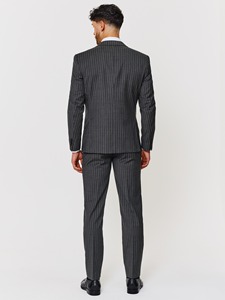 Costume 3 pièces gris à fines rayures pour homme, coupe ajustée, blazer simple boutonnage, gilet, costumes d'affaires en laine, col cranté, longueur standard - Product Image 2