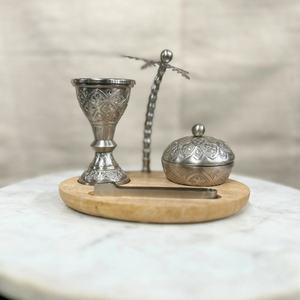 Antique Metal Incense Burner <b>Set</b> Engraved Chalice Holder Lid Tongs and Wooden Tray With Palm Tree Home & Gifting Use - Product Image 3