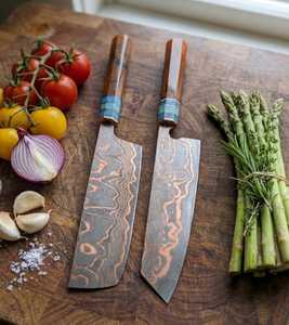 Juego de 2 Cuchillos de Chef de Acero Damasco con Acabado Cobre, Cuchillo de Carnicero, Cuchillo para Cortar Carne, Cuchillo de Cocina Profesional - Product Image 1