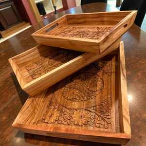 Ensemble de 3 plateaux en bois faits à la main, plateaux décoratifs pour table basse, plateau de service rustique style ferme, décoration d'intérieur, cadeau - Product Image 5