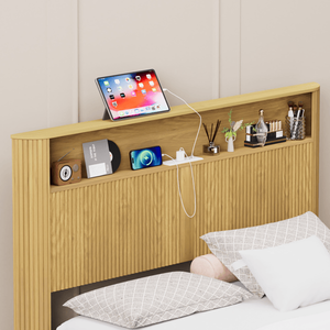 Queen Size Upholstered Bed Frame Storage Headboard Built-In Charging Station Wavy Curved Lines Design Silent Metal Support - Product Image 4