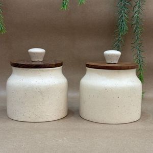 Ceramic Food Storage <b>Jars</b> With Wooden Lids Airtight Minimalist Design Kitchen <b>Spice</b> Containers Handcrafted Round Shape - Product Image 1