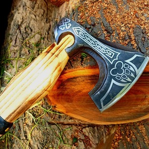 Customized Norse Style Tomahawk <b>Axe</b> With Engraved Steel Blade And Wooden <b>Handle</b> For Survival Use - Product Image 1