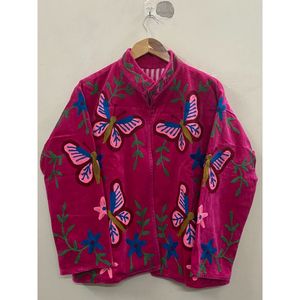 Hand <b>Embroidered</b> Velvet Knitted Cotton Breathable Eco-Friendly <b>Jacket</b> <b>Women</b> Mandarin Collar Full Sleeve Floral Pattern Open - Product Image 1