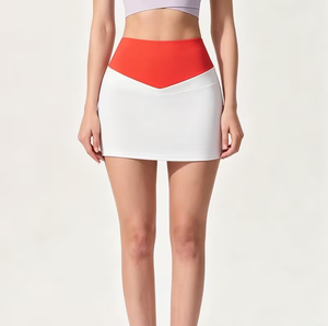 High Waist Color Blocked A-Line Mini Skirt Women Sporty Breathable Stretch Skirt White Red Spandex Polyester - Product Image 3