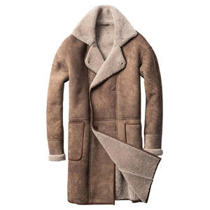 <b>Men's</b> Brown <b>Suede</b> Leather <b>Jacket</b> with Sherpa Lining Turn-down Collar Long Winter Coat Casual Style Waterproof Windproof - Product Image 1